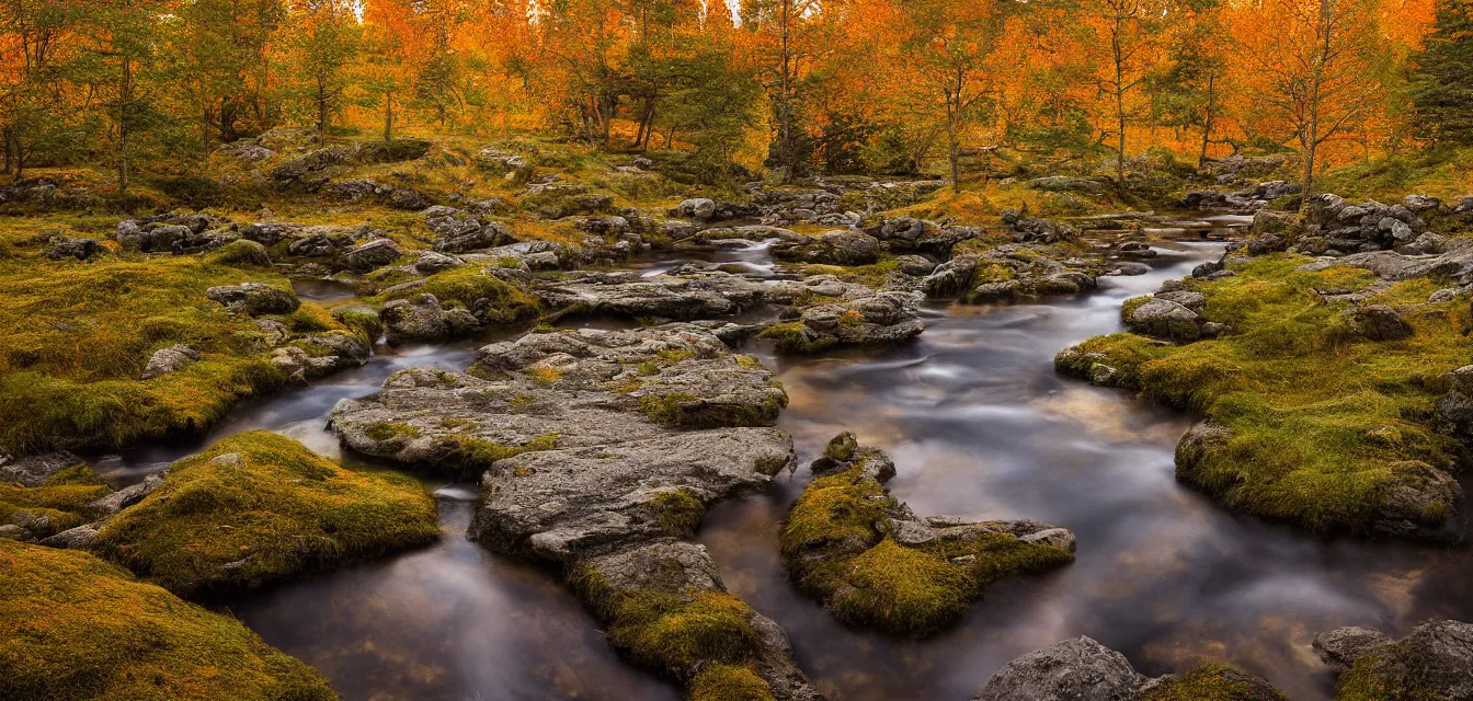 Prompt: stone cottages underneath at glen affric forest, pristine ponds. bodyscapes. fine painting intricate brush strokes, bright depth oil colors. 2 8 mm perspective multisourced photography by araken alcantara. intense promiseful happiness, autumn sunrise warm hdri forest light