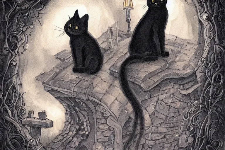 Image similar to black cat in graveyard at midnight halloween tattoo on shoulder by anton pieck, intricate, extremely detailed, digital painting, artstation concept art