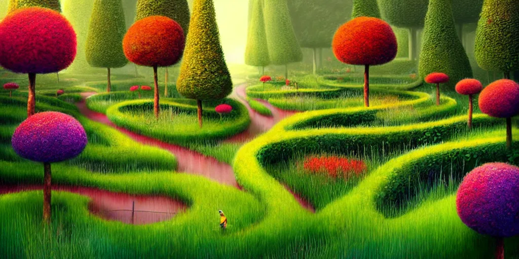 Image similar to Beautiful artwork garden of the future, overgrown with fir trees and plants, hedges, Topiary plants, Nice colour scheme, warm colour. Beautiful artistic digital artwork by artist Lurid. (2022), Gediminas Pranckevicius