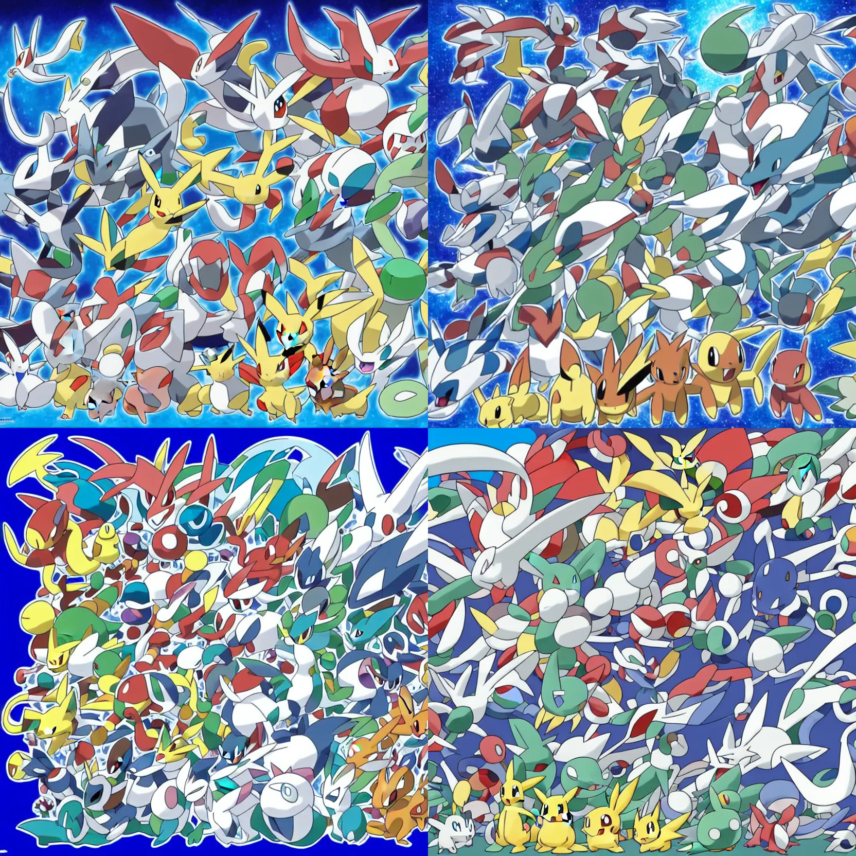 Prompt: official art of a diverse crowd of Pokémon, by Ken Sugimori, whitespace, Bulbapedia, Pokémon logo, mewtwo lugia ho-oh dragonite kyogre groudon