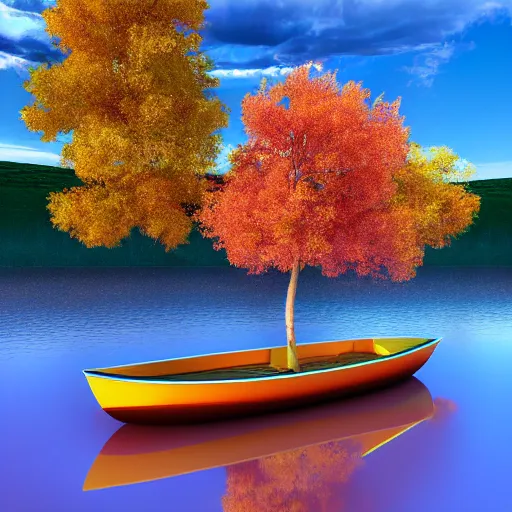 Prompt: boat on a river With tangerine trees and marmalade skies, psychedelic, octane render, 4K