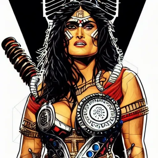 Image similar to illustration of Salma Hayek as a barbarian warrior intricate details by MARVEL comics and Sandra Chevrier , elegant, highly detailed , centered