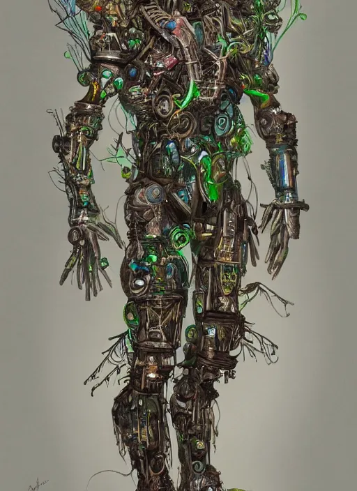 Image similar to hyper - detailed fine painting of a synthetic humanoid hybrid cyborg shaman half cybernetic and half made of plants and wood, concept art magical highlight