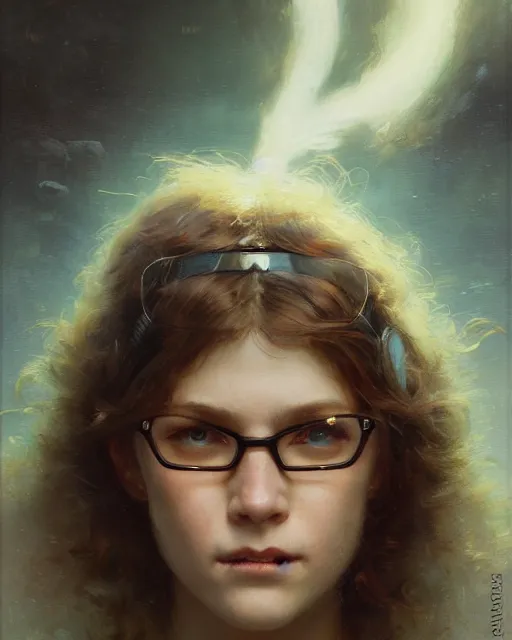 Image similar to a face portrait of geek girl, high detail, cleary see face, by gaston bussiere, bussiere rutkowski andreas rocha, bayard wu, greg rutkowski, odd nerdrum, maxim verehin, dan dos santos, masterpiece, sharp focus, cinematic lightning