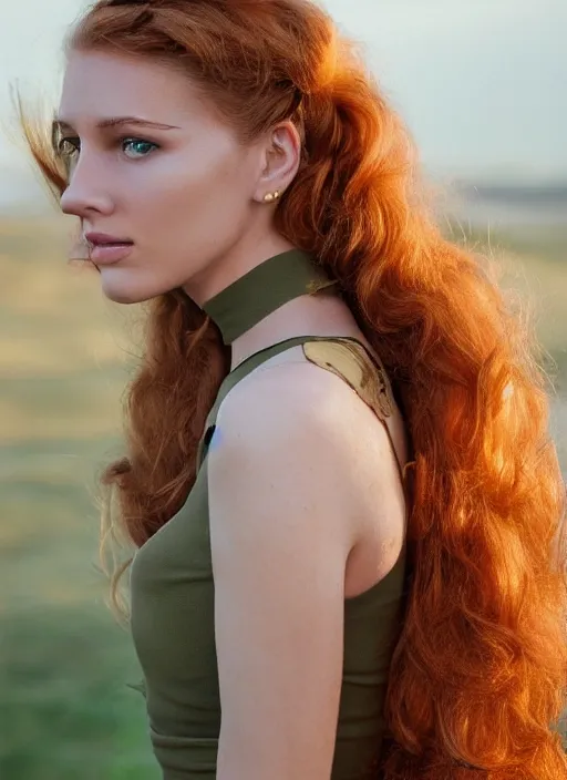 Image similar to vintage photograph of an olive skinned female model with strawberryblonde hair in her twenties, her hair pinned up, wearing a designer top, looking coy, focused on her neck, photo realistic, extreme detail skin, natural beauty, no filter, slr, golden hour, 4 k, high definition, selfie