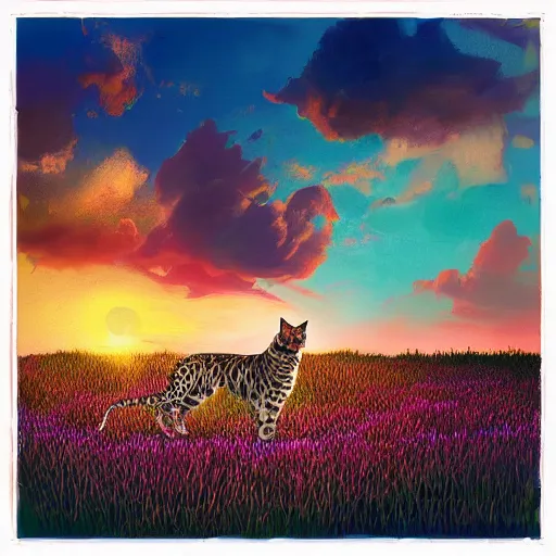 Prompt: a savannah bengal hybrid cat, surreal photography, flower field, beautiful sunset on a summer day light, impressionist painting, colorful clouds, blue sky, digital painting, artstation, simon stalenhag