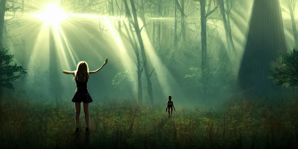 Image similar to sci - fi scene future new york city, last girl on earth, in manhattan holding onto the outstretched hand of a giant robot, forest punk, little girl meets robot, crepuscular rays, epic scene, hyper realistic, photo realistic, overgrowth, cinematic atmosphere, ethereal lighting,