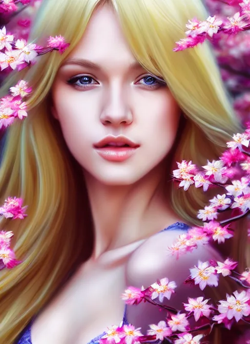 Prompt: photo of a gorgeous blonde female in the style of stefan kostic, realistic, half body shot, sharp focus, 8 k high definition, insanely detailed, intricate, elegant, art by stanley lau and artgerm, extreme blur cherry blossoms background