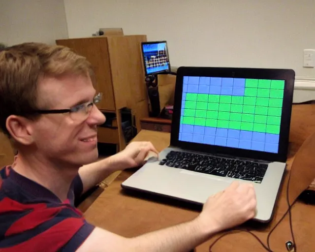 Image similar to john carmack writes code for minecraft! in pascal! on the laptop, bw photo