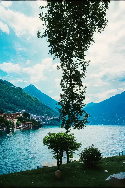 Image similar to Photo of Lake Como, wide shot, daylight, blue sky, summer, dramatic lighting, award winning, highly detailed, medium format photography, cinestill 800t.