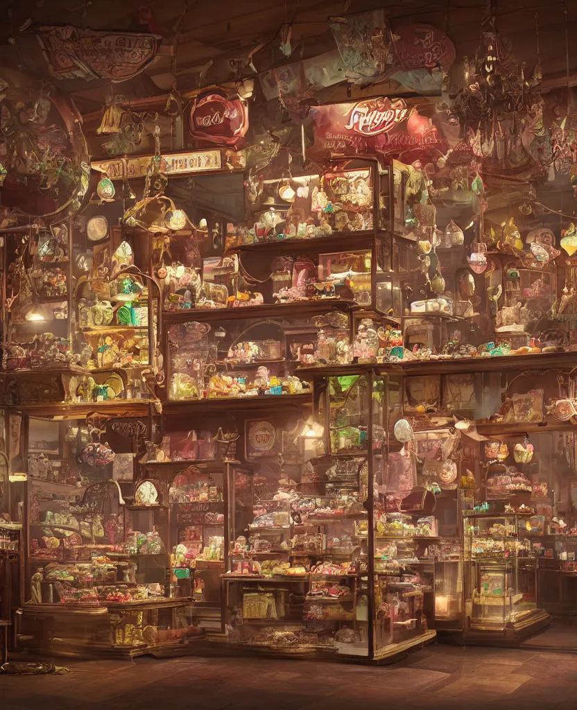 Image similar to Inside an old fashioned sweet shop, fantasy vendor interior, wide angle, cinematic shot, highly detailed, cinematic lighting , photorealistic, trending on cgsociety and unreal engine