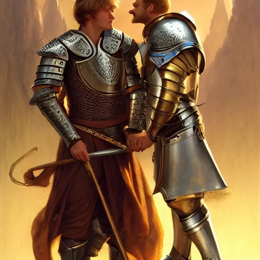 Image similar to attractive arthur pendragon and his favourite attractive male knight, they are in love, camelot, natural lighting, path traced, highly detailed, high quality, digital painting, by gaston bussiere and ross tran and j. c. leyendecker