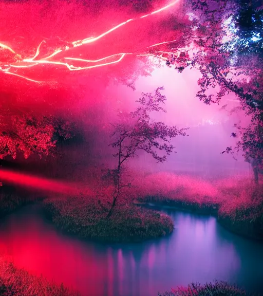 Prompt: photography at night of a red ethereal pond, a central sunlight glare, mystical lights, cyber futuristic lights in the sky, masterpiece, epic, cinematic, hyperealistic photo, high detailed, flashlight at night