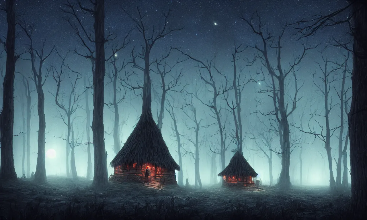 Image similar to Spooky hut in the middle of a misty dark spirit possessed forest, runes written on tree barks, night, starry sky, very detailed. by Moebius, John Harris, artstation, 4k, unreal engine 5