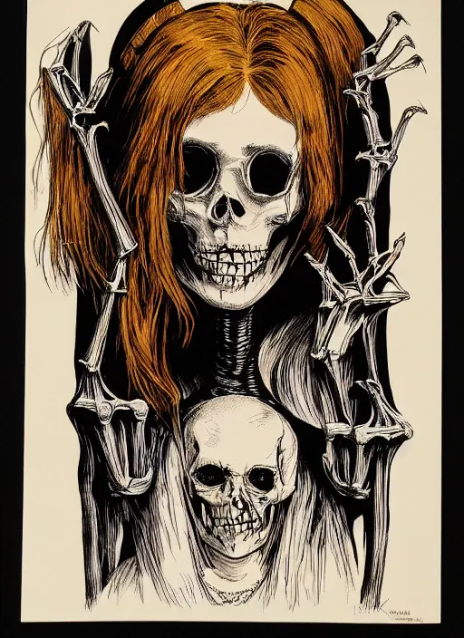 Image similar to gothic victorian woman with a skeletal face, ink and paint, silkscreen, silk robes and bone jewelry, richard corben, glenn fabry, lithograph, tarot