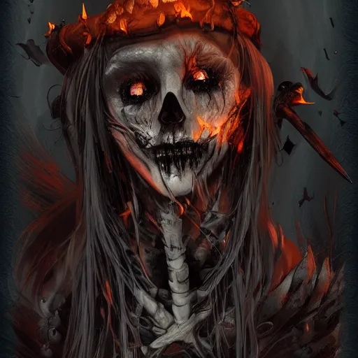 Image similar to burned witch on a pyre of bones, horror. dark gothic, artstation