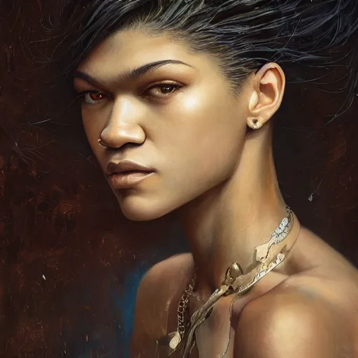 Prompt: hyperrealistic mixed media high resolution image of zendaya, oil painting, art by jamie salmon and istvan sandorfi and greg rutkowski, dim volumetric lighting, extremely hyperdetailed, intricate, highly detailed attributes
