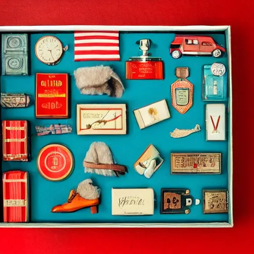 Prompt: vintage gift box for men, old school, wes anderson style