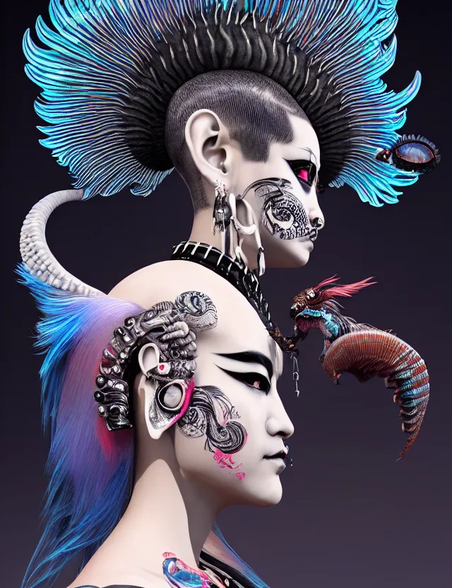 Image similar to 3 d goddess close - up profile portrait punk with mohawk with ram skull. beautiful intricately detailed japanese crow kitsune mask and clasical japanese kimono. betta fish, jellyfish phoenix, bio luminescent, plasma, ice, water, wind, creature, artwork by tooth wu and wlop and beeple and greg rutkowski