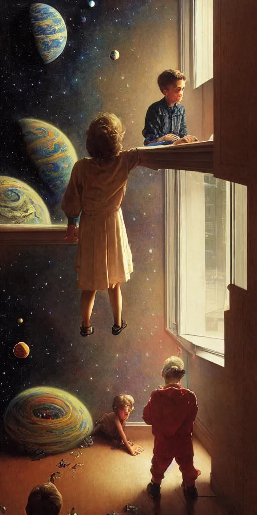 Image similar to one 5 year old boy and one 1 2 year old girl looking at the wall of their bedroom and seeing the universe full of galaxies and planets, imagination, part by norman rockwell, part by greg rutkowski, part by mattias adolfsson, high angle, ( ( ( ( volumetric lighting ) ) ) ), oil on canvas