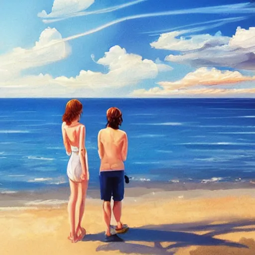 Prompt: a man and a woman looking to the sea in a beach, sunshine, realistic, clouds , illustration, artstation