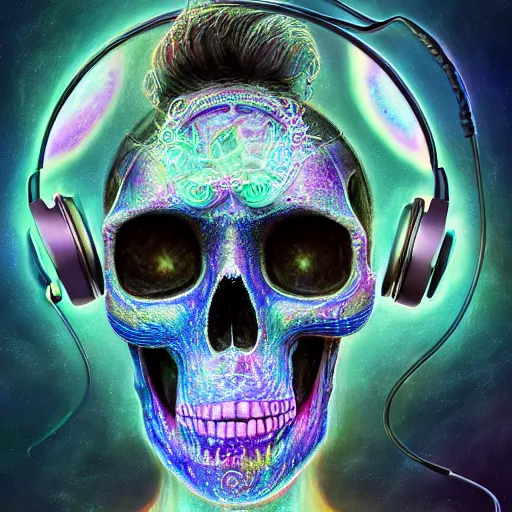 Prompt: portrait of a fantasycore glitchcore deformed skull wearing headphones. intricate abstract. intricate artwork. celestial. prismatic, by josephine wall, pixar, ghibli. octane render, CGSociety very coherent symmetrical artwork. cinematic, hyper realism, high detail, octane render, 8k, holographic accents