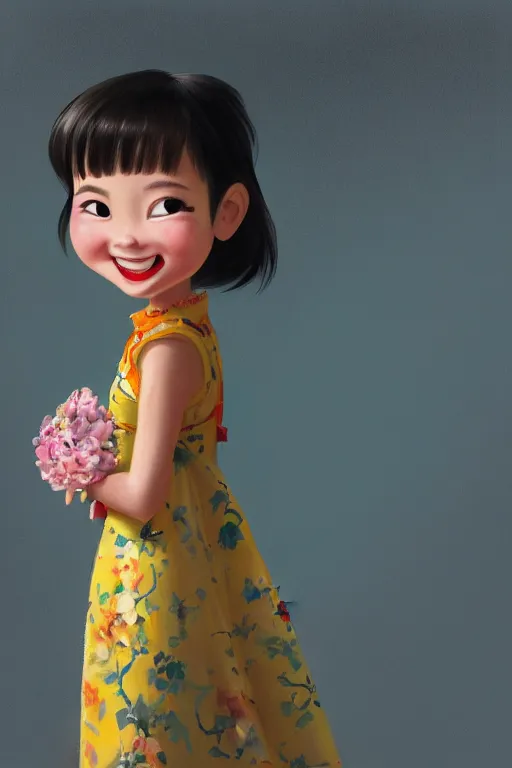 Prompt: a painting of cute Asian girl smiling, Gabbana dress, in the style of Pixar animation, low angle view, 16mm lens, award winning, hyper detailed, dramatic lighting, artstation, octane renderer, unreal engine