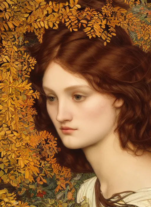 Prompt: masterpiece beautiful seductive flowing curves preraphaelite face portrait amongst leaves, extreme close up shot, straight bangs, thick set features, yellow ochre ornate medieval dress, raven, laying amongst foliage mushroom forest circle arch, frederic leighton and kilian eng and rosetti, 4 k