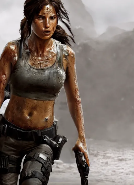 Image similar to a film still of lara croft as cop, her face muddy and sweat, direct sun light, close up potrait, cinematic, subsurface scattering