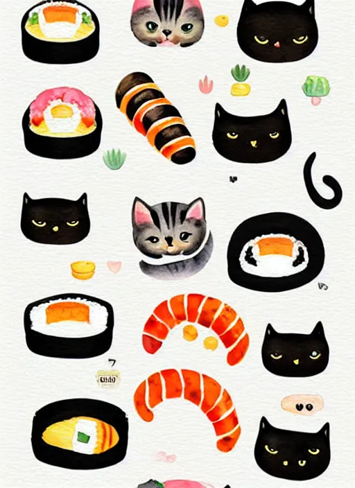 Image similar to cute cats and sushi watercolour illustrations sheet