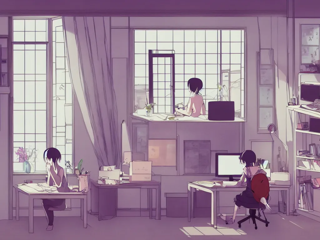 Prompt: beautiful drawing of a single female in her studio apartment sitting at her computer desk which is in front of a window which looks out to a futuristic city, japan, anime manga style, illustration, in the style of ghibli and hayao miyazaki and satoshi kon and shinichiro watanabe and sui ishida and makoto shinkai