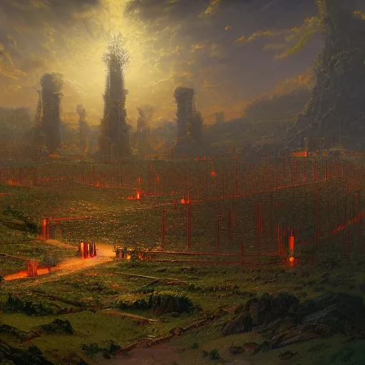 Prompt: fief of relentless autodidact labor yoke, where four gates and maze of lance tree resides, in the style of bruce pennington and jeff east, 8 k resolution,