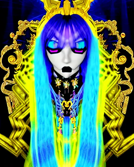 Image similar to baroque bedazzled gothic royalty frames surrounding a hologram of rimuru tempest with sky blue hair and golden yellow eyes, wearing a cybergoth jacket, holography, irridescent