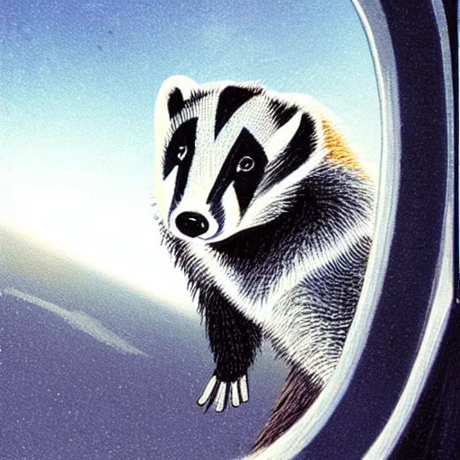 Prompt: a badger looking wistfully out of a spaceship window, sci-fi illustration,