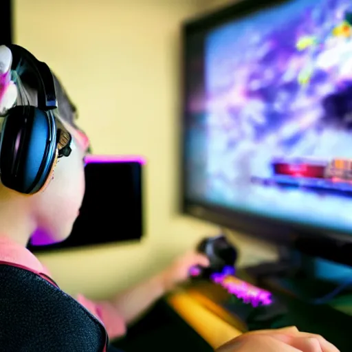 Image similar to Kitten playing video games in an bedroom, looking at a colorful computer monitor, wearing black headphones