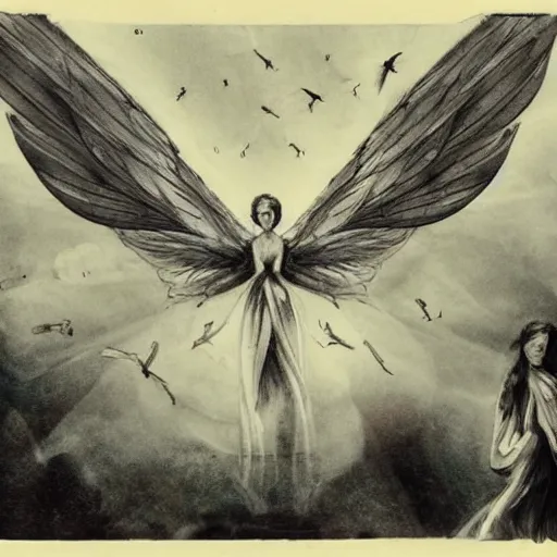 Image similar to A beautiful collage of a winged creature, possibly an angel, flying high above a group of people in a dark, wooded area. The creature's wings are spread wide and its head is turned upwards, as if it is looking towards the sky. The people below are looking up at the creature with a mixture of awe and fear. camera obscura by Eddie Campbell subtle