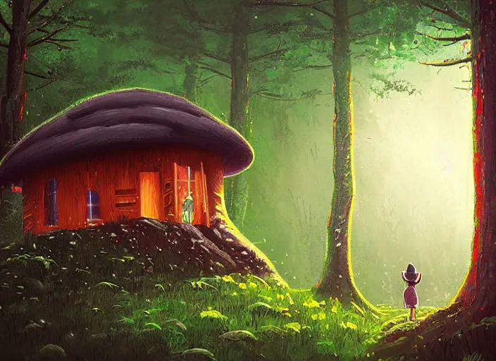 Image similar to Kanye West standing behind the window of his little mushroom house, magical forest, Alena Aenami