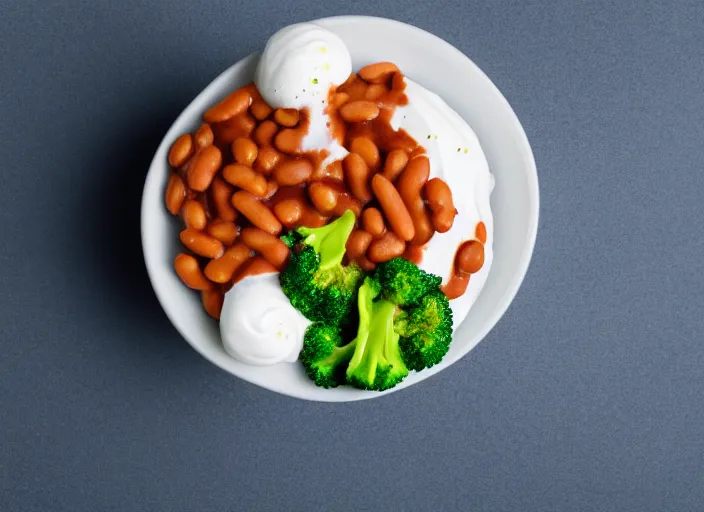 Image similar to food photo still of soft serve swirled frozen yogurt topped with baked beans and broccoli, 8 5 mm f 1. 8 studio lighting