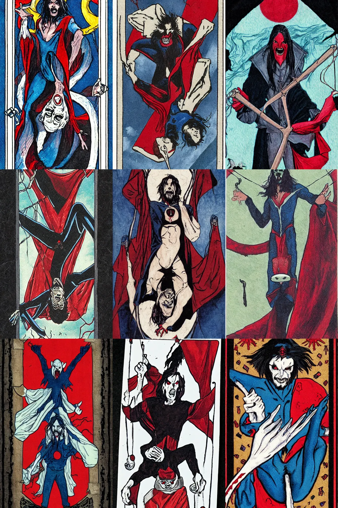 Prompt: Morbius as the Hanged Man tarot card