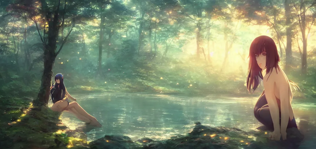 Image similar to anime forest and river, magical, mythical, ethereal, hyper realistic, straight lines 8k hdr pixiv dslr photo by Makoto Shinkai ilya kuvshinov and Wojtek Fus, digital art, concept art,