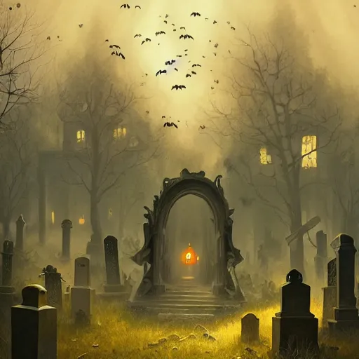 Image similar to a Haunted Halloween Scene, Cemetery, Autumn, 8k resolution matte fantasy painting, cinematic lighting, DeviantArt, Artstation, Jason Felix Steve Argyle Tyler Jacobson Peter Mohrbacher