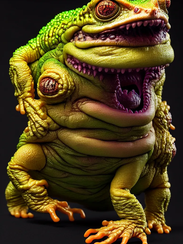 Image similar to hyperrealistic rendering, fat smooth cronenberg flesh monster toad kaiju by donato giancola and greg rutkowski and wayne barlow and zdzisław beksinski, eyeballs, product photography, action figure, sofubi, studio lighting, colored gels, colored background