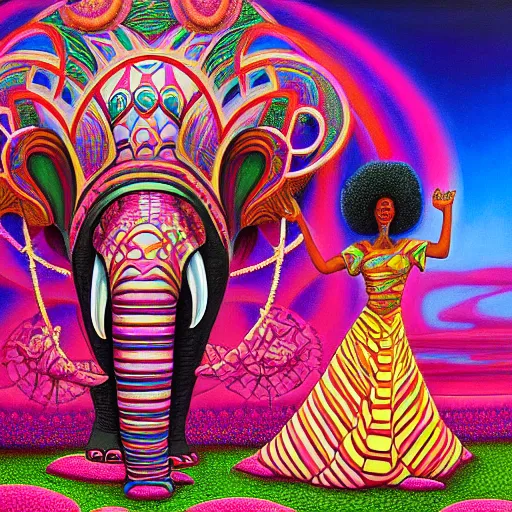 Image similar to a regal and elegant african queen with a colorful afro sitting in a cabana on top of an extremely large steampunk elephant near a pink lake with a large glowing baobab tree, by amanda sage and alex grey in a surreal psychedelic style, oil on canvas 8k, hd