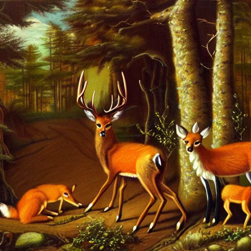 Prompt: a deer king wearing a crown in a forest clearing. a fox, bear and wolf are bowing before the deer. oil painting.