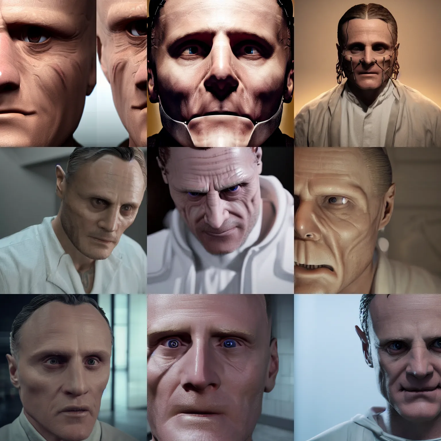 Prompt: unreal engine 5 quality render, studio lighting, bright studio setting, photorealistic portrait, crisp quality and light reflections, highly detailed, still photo of hannibal lecter