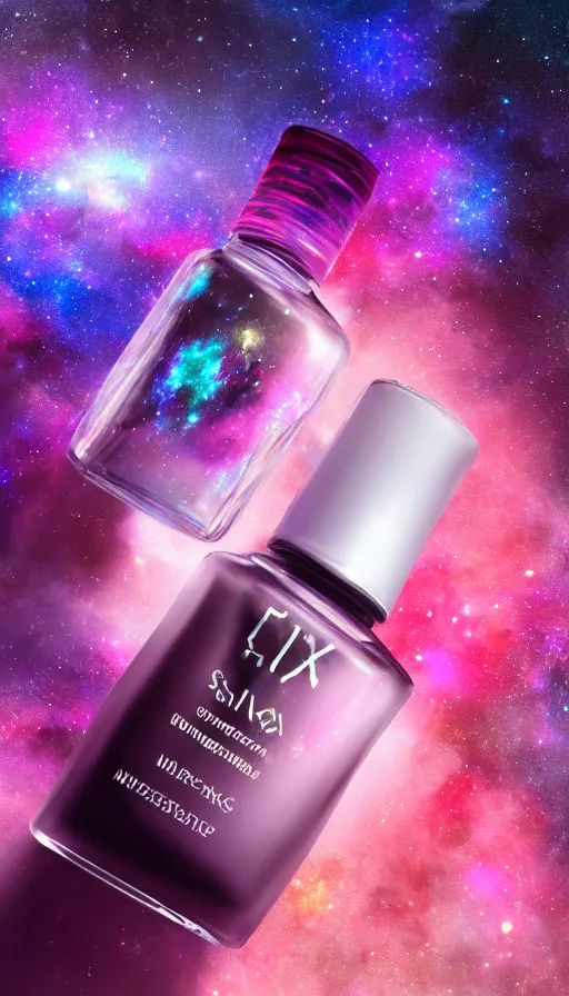 Image similar to a beautiful bottle of nail polish filled with small galaxy's and nebulas, insane, intricate, highly detailed, Zeiss Lens, smooth, sharp focus, Unreal Engine 5, Octane Render, Redshift, 8K