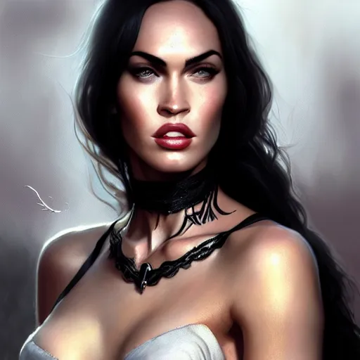 Image similar to portrait of megan fox, muscular upper body, choker, greek, jewelry, black dress, fantasy, intricate, elegant, highly detailed, digital painting, artstation, concept art, matte, sharp focus, illustration, art by aenaluck and roberto ferri and greg rutkowski, epic fantasy, digital painting