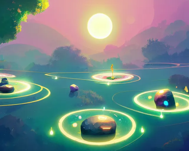 Prompt: organic solar city clearing with floating stones surrounded by stylized musical notes, terraformation, bubbles, radiant lighting, sylvain sarrailh, artstation, ismail inceoglu, liam brazier, petros afshar