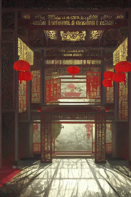 Image similar to inside a luxurious chinese temple, portrait, powerfull, intricate, elegant, volumetric lighting, scenery, digital painting, highly detailed, artstation, sharp focus, illustration, concept art, ruan jia, steve mccurry