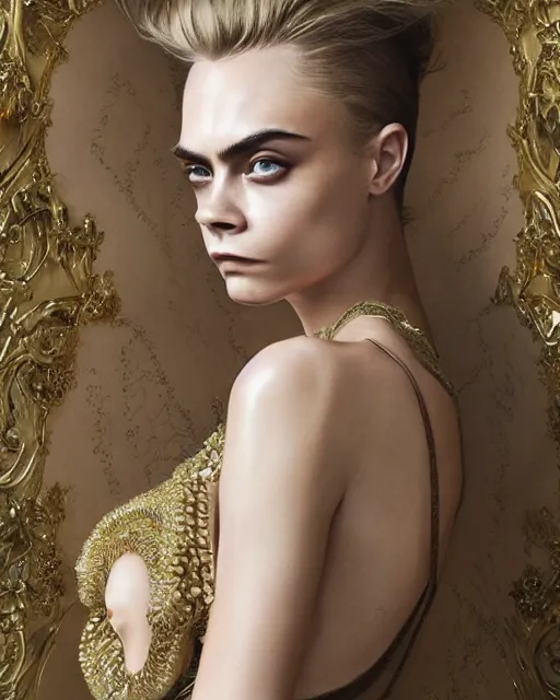 Image similar to cara delevingne wearing epic haute couture by Alexander McQueen, extremely beautiful and proportionate face, in the aesthetic of mert and marcus, masterpiece, intricate, elegant wardrobe, highly detailed, digital painting, artstation, concept art, smooth, sharp focus, illustration, art by artgerm and james jean and greg rutkowski and alphonse mucha